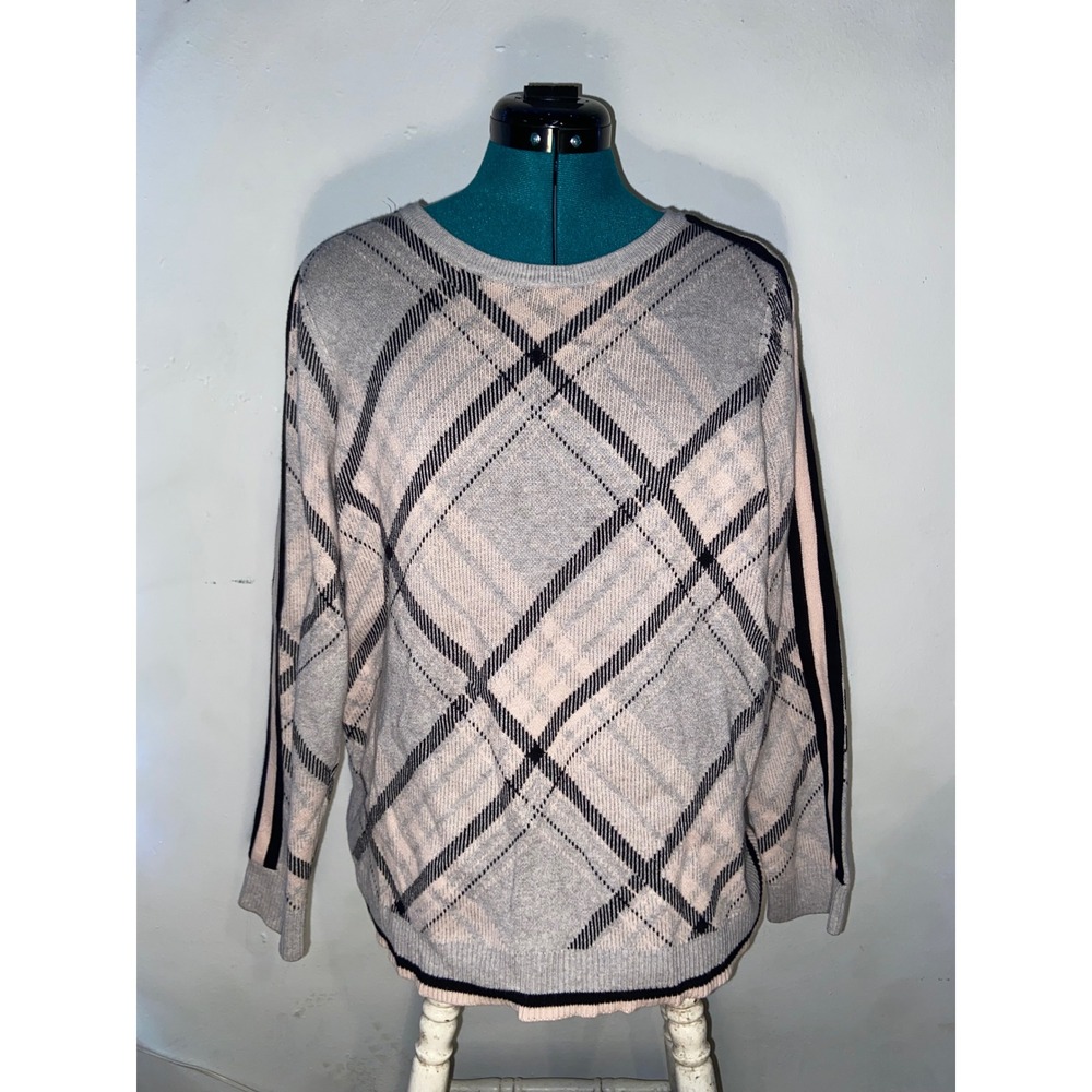 Charter Club Women Plaid Argyle Crewneck Sweater Side Stripe Knit Classic Preppy